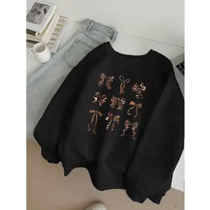 Bow Hoodie Autumn Winter Girls' Round Neck Hoodie with Bow Print for Students Young Youth Children's Clothing Cute Animal Sweatshirt Casual Cozy Sweatshirt