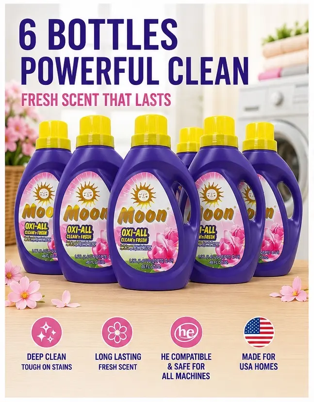 6 Pack Moon OXI-ALL Clean n Fresh Liquid Laundry Detergent 1.36L Oxygen Bleach Deep Stain Remover Long Lasting Floral Scent Concentrated Washing Soap For Clothing Household Bulk Laundry Cleaning Supplies