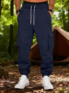 Men's Loose Fit Fleece Lined Work Pants, Multi-Pocket Practical Casual Outdoor Walking Gym Sport Pants, Fall & Winter Thick Joggers