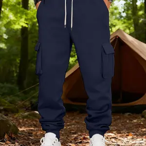 Men's Loose Fit Fleece Lined Work Pants, Multi-Pocket Practical Casual Outdoor Walking Gym Sport Pants, Fall & Winter Thick Joggers