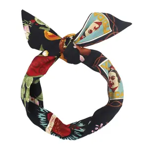 JuneStudioDesign Extra Long Wide Wired Cotton Pattern Headband|Tie Knot|Twisted|Fabric|Dolly Bow|Turban|Hair Bun|Ponytail Scarf|Braid Scarf|Hair Wrap|Vintage|Art Retro|Black Vintage