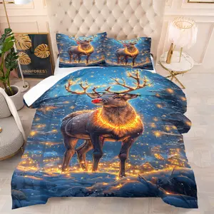 Christmas Ice Crystal Aurora Snow Deer Bed Comforter/Quilt Set (2/3 Pcs) Includes 1 Quilt + 1/2 Pillowcases (no Filler) Moonlit Fluffy Snow Deer Fits Bedroom, Homestay, Dorm, Loft, Rural Homestay. for Couples, Kids, Families, Students, Girlfriends