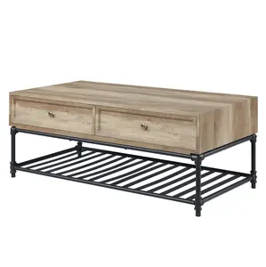 360 Stand 47 in. Rectangular Shape Coffee Table - Paper Veneer & Metal Frame, 2 Drawers & Shelf, Sandy Black & Oak (Model 490768), Two Drawers