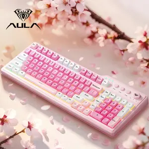AULA F3099 membrane keyboard, features a 99-key layout, cool lighting effects, RGB Backlight Keyboard, supports wired and wireless connectivity, a 2000mAh rechargeable battery, quiet key presses, and compatibility with Windows/Mac/iOS devices. office use.
