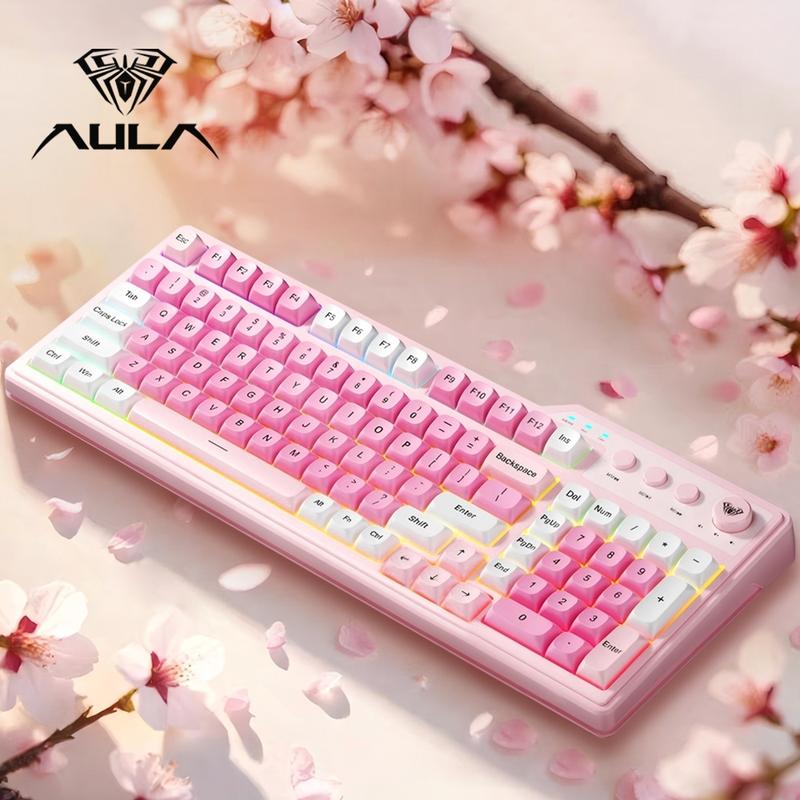AULA F3099 membrane keyboard, features a 99-key layout, cool lighting effects, RGB Backlight Keyboard, supports wired and wireless connectivity, a 2000mAh rechargeable battery, quiet key presses, and compatibility with Windows/Mac/iOS devices. office use.