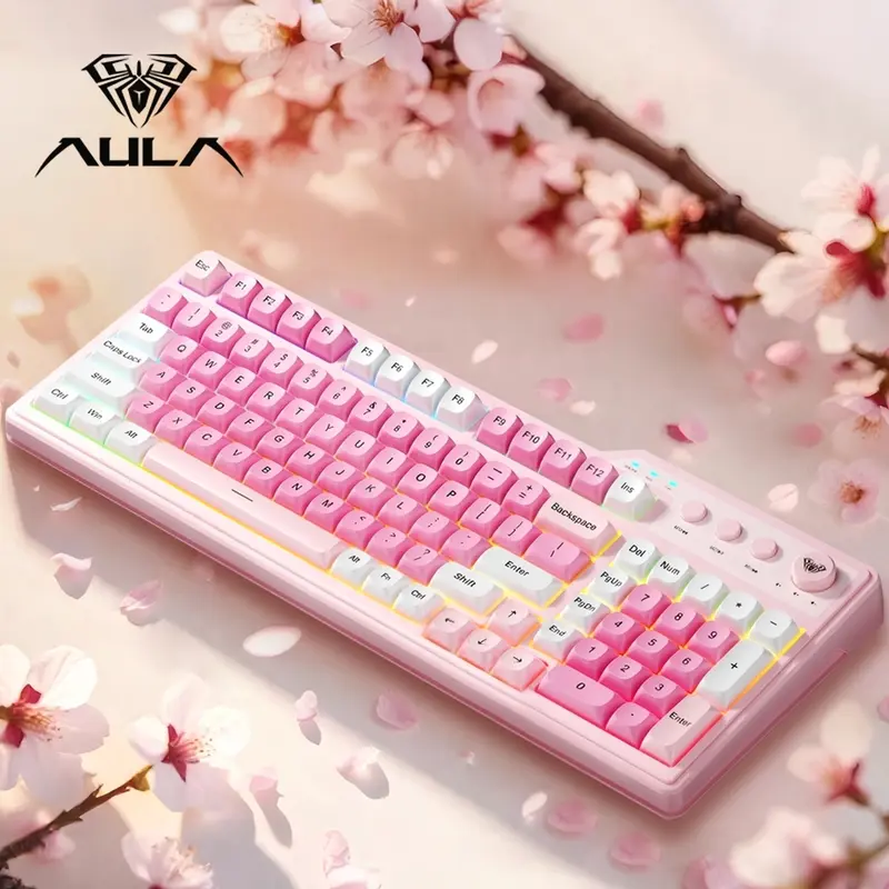 AULA F3099 membrane keyboard, features a 99-key layout, cool lighting effects, RGB Backlight Keyboard, supports wired and wireless connectivity, a 2000mAh rechargeable battery, quiet key presses, and compatibility with Windows/Mac/iOS devices. office use.