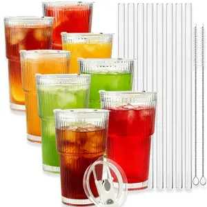20 oz Ribbed Glass Tumblers with Lids and Glass Straws – 8-Piece Glassware Set, Thickened Wall, Ideal for Iced Coffee, Smoothies, Cocktails, and Juices – Elegant and Durable Drinkware