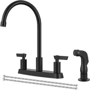 Kitchen Faucet with Sprayer 2 Handle Kitchen Sink Faucets 8 Inch Centerset 3 Hole with  Lines Matte Black