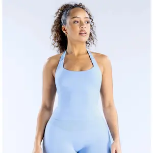 DFYNE Solid Color Halter Sports Tank, Seamless Backless Yoga Cami Top, Slim Fit Workout Top for Fitness & Daily Wear