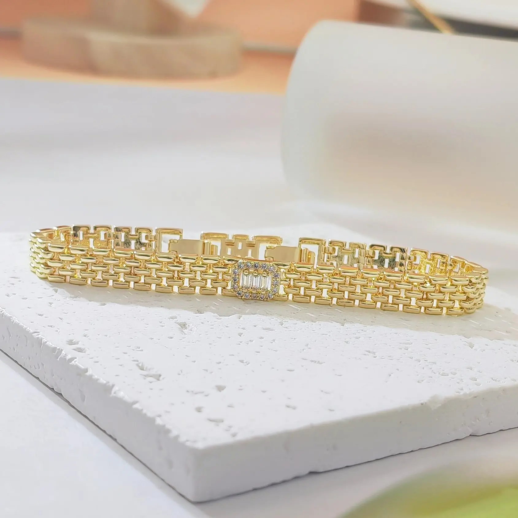 18K Luxury Triple Row Gold Cuban Chain Bracelet with Baguette Cut Rhinestone Rectangle Accent, Thick Curb Link Wrist Bracelet for Party Daily Dressy Wear Jewelry