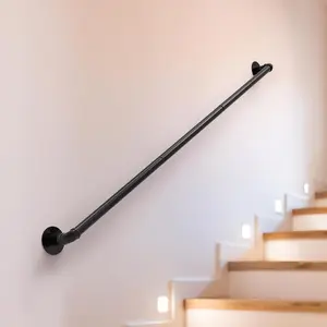 Pipe Stair Handrail, 4 Feet Indoor Stair Railing Metal Stair Handrail Industrial Iron Handle for Wall Mount Support, Black