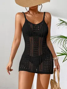 Women's Plain Hollow Out Sheer Backless Cami Cover Up Dress, Casual V Neck Sleeveless Cover Up for Summer, Women's Swimwear for Beach Holiday Vacation