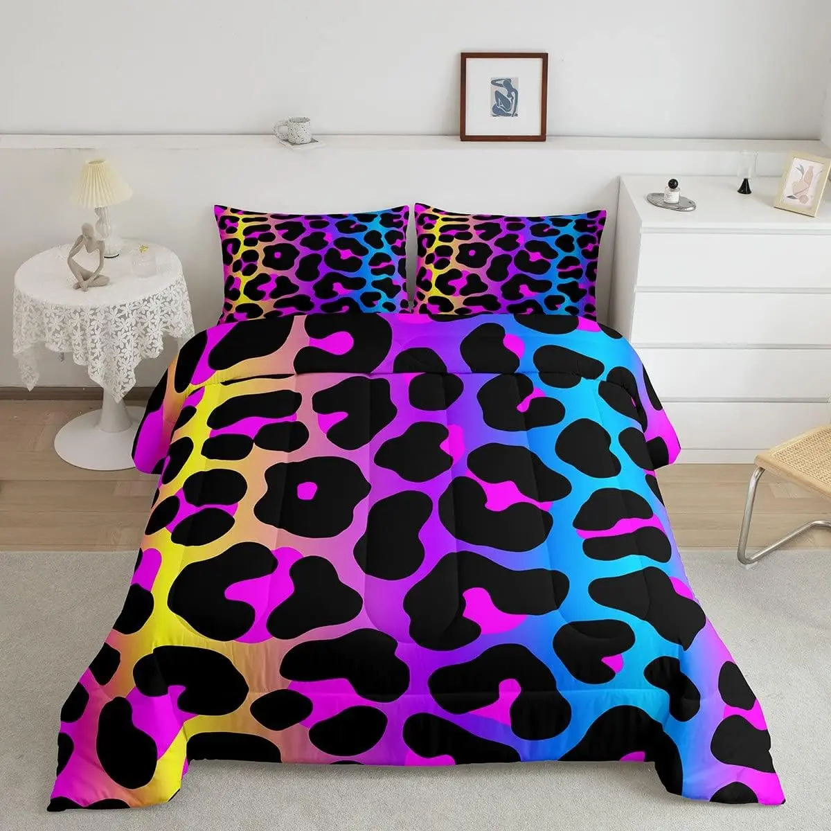 Luxury Quilted Comforter Set - Queen Size, Multi-Size Option, Quilted Texture, Breathable, Modern Leopard Print, Colorful Cheetah Pattern, Rainbow Animal Skin, Black Purple Bedding Set