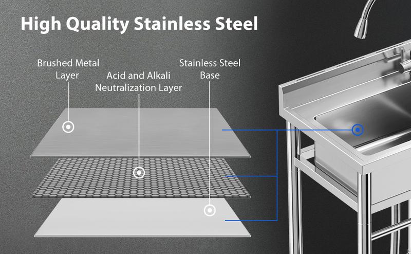 GARVEE Stainless Steel Sink, Freestanding Single Trough Commercial Kitchen Sink Set with Faucet, Commercial Single Bowl Kitchen Prep and Utility Sink for Restaurant, Garage