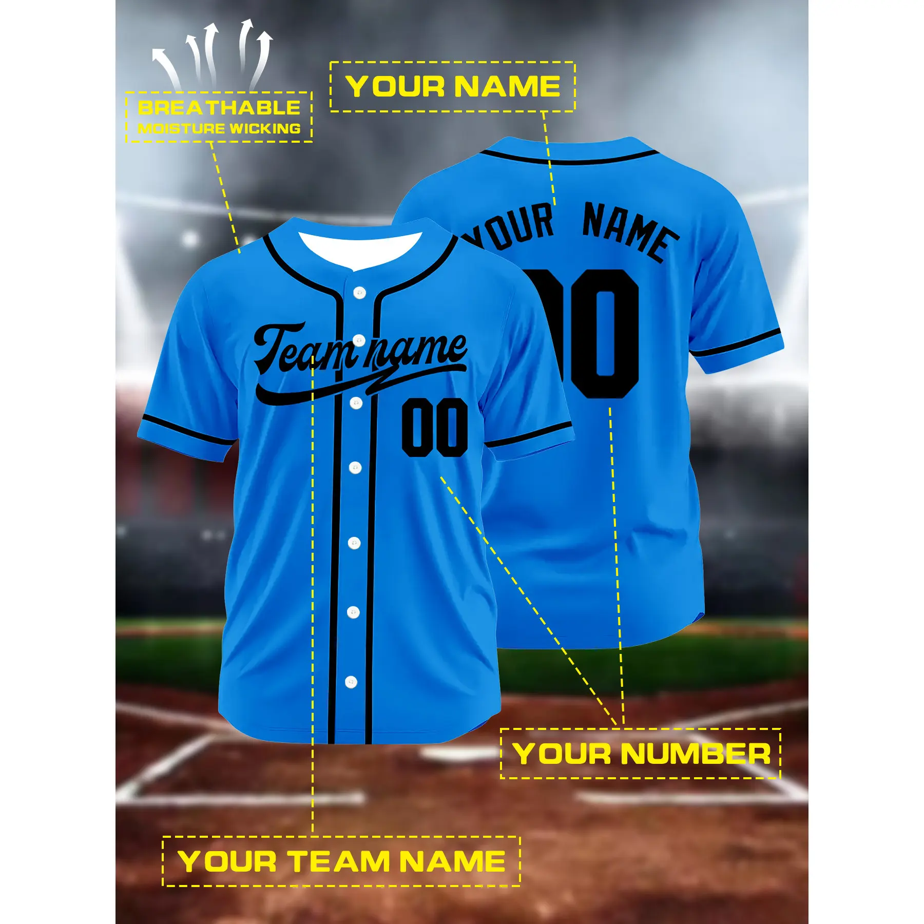 Unisex Customizable Print Blue Baseball Jersey T-Shirt [S-4XL], Short Sleeve Tops with Personalized Name-Number-Logo, Quick-Dry Comfortable Breathable Professional Sportswear for Team Practice
