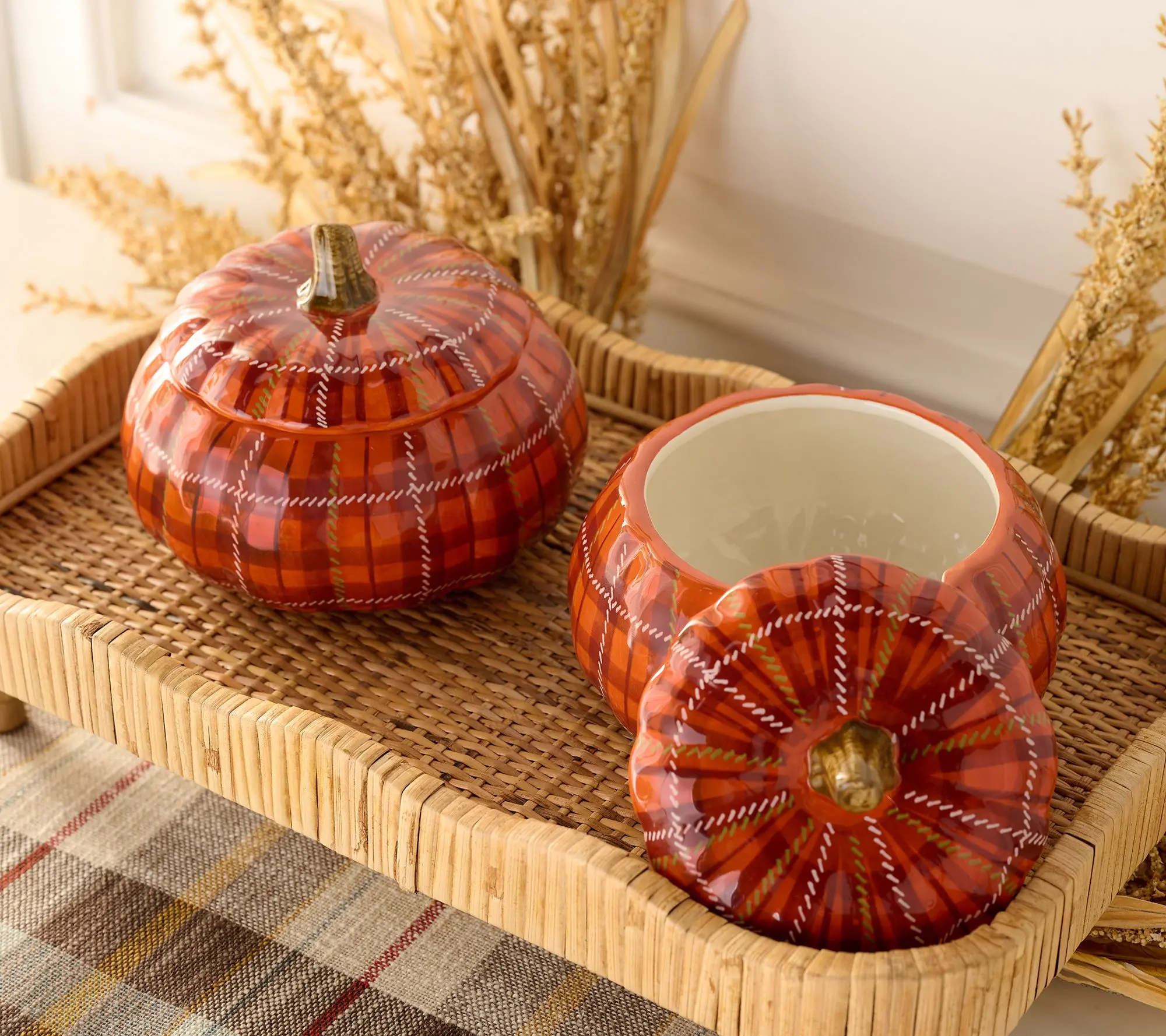 Set of 2 Ceramic Plaid Pumpkin Serving Bowls with Lid by Valerie