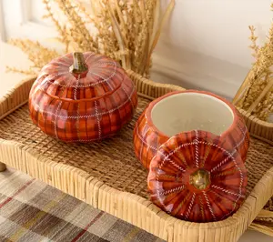 Set of 2 Ceramic Plaid Pumpkin Serving Bowls with Lid by Valerie