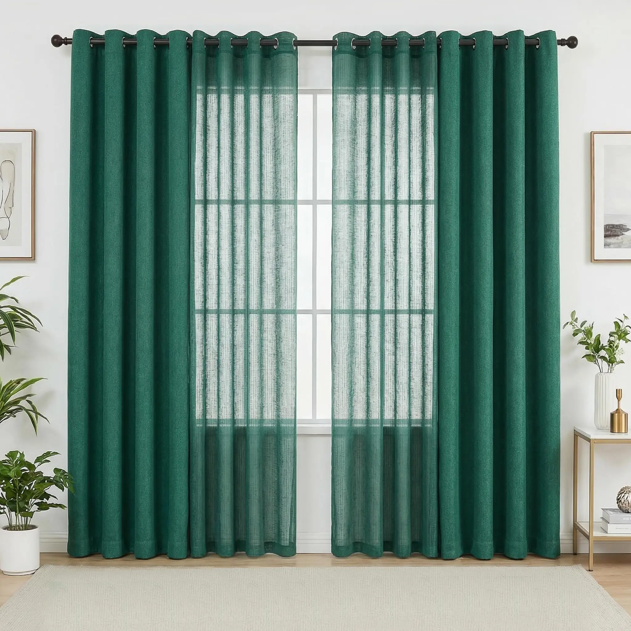 Grommet Top Curtains 4-Piece Set (52x95 in) - 2 Black Blackout Panels + 2 Bamboo Gauze Sheer Panels, Stretch Wrinkle-Resistant Anti-Shrink Drapes for Bedroom Living Room Home Decor L69 L12, Blackout Curtains