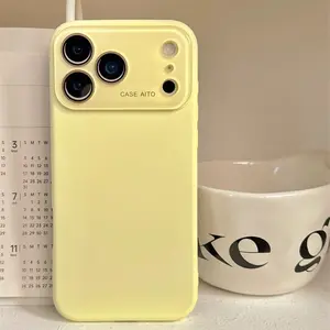 Large View Window Imitation Liquid Silicone Soft Phone Case for iPhone 12 13 14 15 16 17 Air Pro Max, Built-in Acrylic Camera Lens Cover Full-Cover Lens Film Shockproof TPU Protective Phone Cases Protection Cellphone Casing for iPhone 17 Pro Max