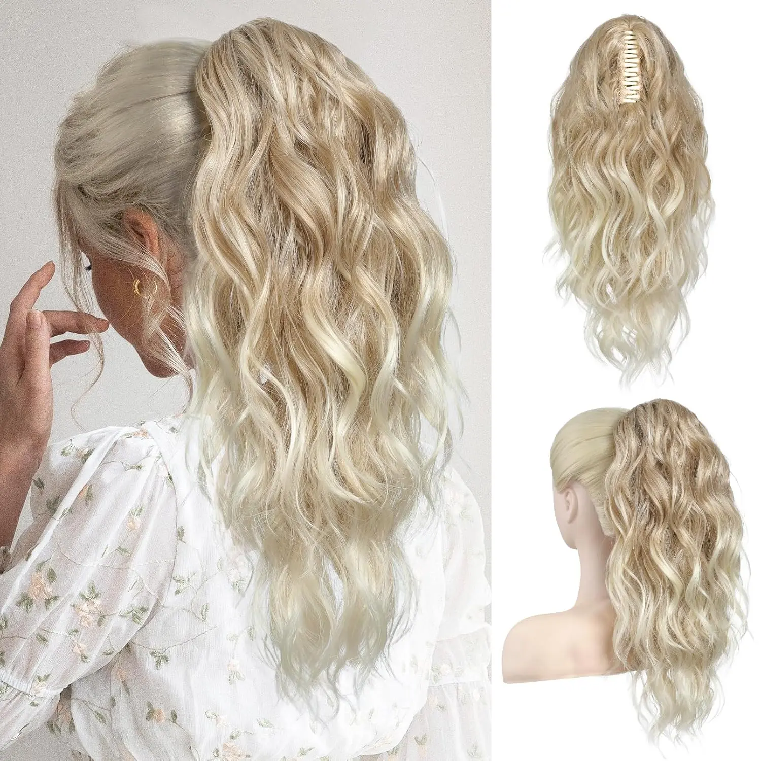Women's 18-In Synthetic Claw Clip Ponytail Hair Extensions - Wavy Curly, Dark to Light Blonde, Claw Grip Clip-On Hairpieces for Wedding, Funky, Casual Ponytail Hairstyles & Costumes