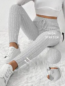 Plus Size Women's Solid Color Tight Yoga Pants, High Waisted Sports Stretchy Leggings, Ribbed Fabric, Faux Belt Design, High Elasticity Casual Fit, Ideal for Yoga Gym Daily Wear