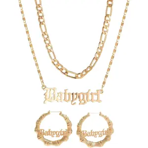 90s Necklace Earrings Sets for Women,Hip Hop Punk Gold Bamboo Hoop Earrings, Old English Letter Pendant Necklace,80s/90s Costume Accessories,Trendy Party Jewelry Gifts for Women
