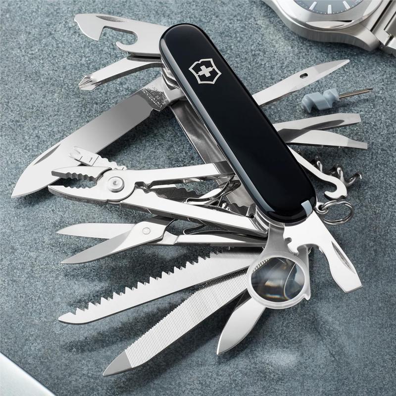 Swisschamp swiss army knife, 33 function swiss made pocket knife with large blade, screwdriver, chisel and combination pliers