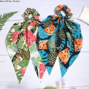 Stylish Fabric Hair Tie: Tropical Fruit Print Triangle Scarf Scrunchie with Elastic Band and Streamers — Versatile Hair Accessory