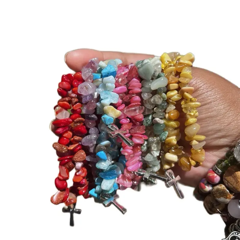 Ankh Essence Bracelet with Shimmering Silver Ankhs and Vibrant Crystal Chip Beads for Love Protection and Divine Energy