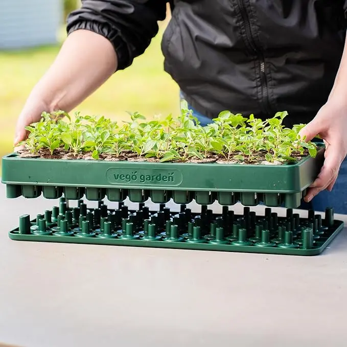 Vego Garden Plant 'n' Pop Rectangular Plastic Garden Growing Kit - 10"x20" 76-Cell Stackable Seed Starter Tray, 3-in-1 Tool for Planting, Bottom Watering Tray, 76cell Sow Space for Easy Indoor Germination