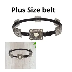 Women's Genuine Leather Plus Size Belt 1XL 2XL with Intricate Silver Conchos and Secure Buckle