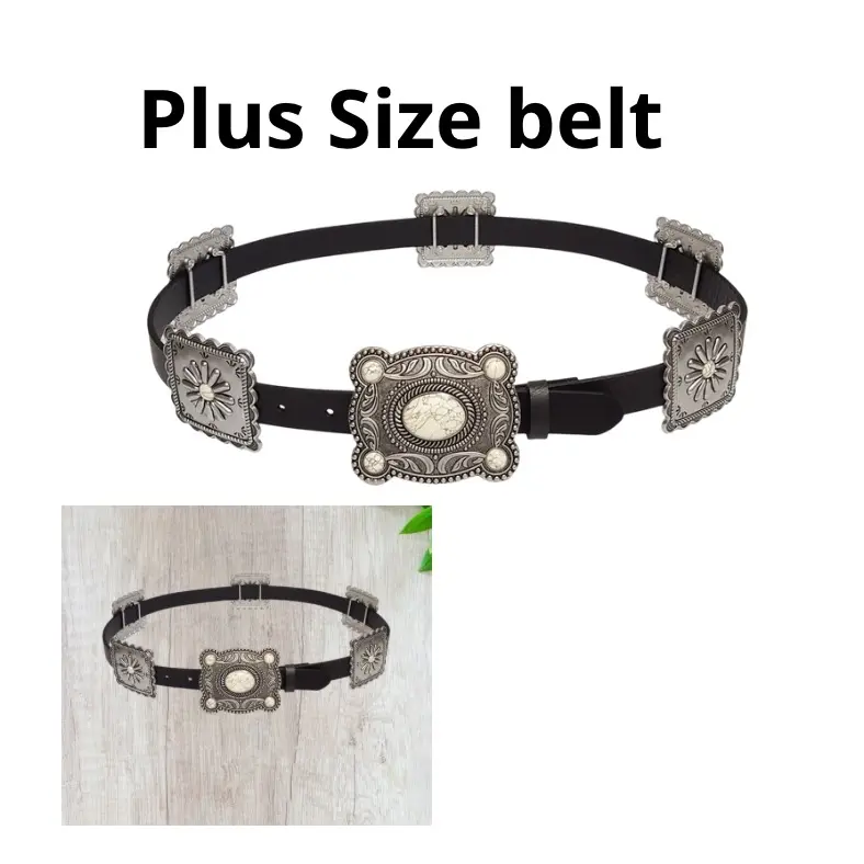 Women's Genuine Leather Plus Size Belt 1XL 2XL with Intricate Silver Conchos and Secure Buckle