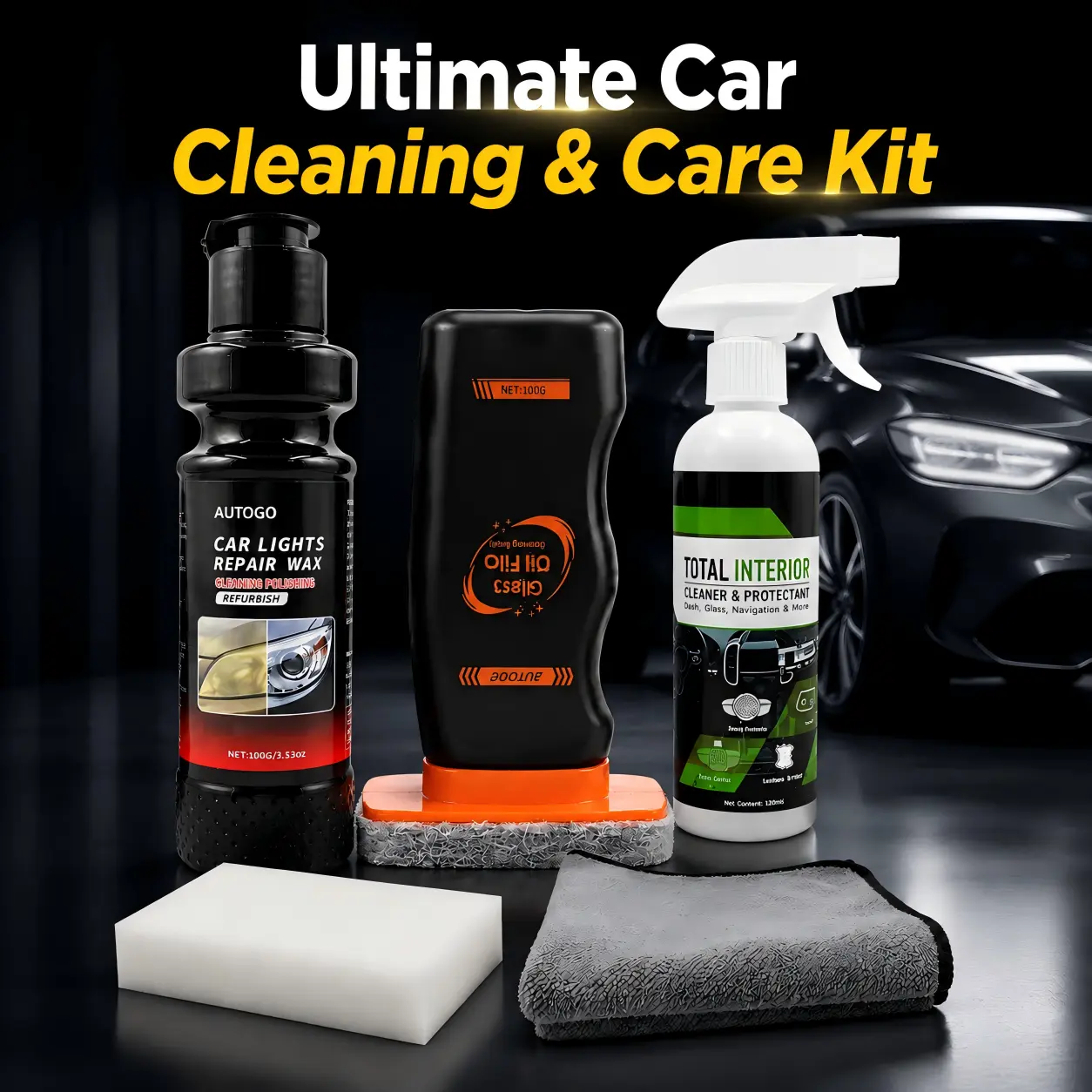 3-Piece Car Detailing Bundle - Seat Cleaner, Headlight Polish, Windshield Cleaner for Automotive Washing, Simplifies Detailing, Enhances Visibility, Restores Clarity, Maintains Freshness