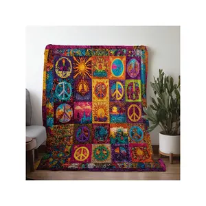 Vibrant Psychedelic Hippie Peace Sign Patchwork Quilted Decorative Throw Blanket