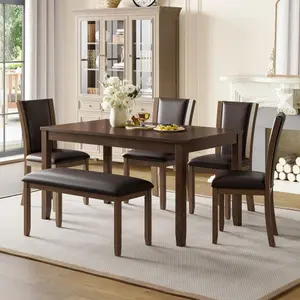 Bellemave  6-Piece Dining Table Set with Bench and Chairs, Wooden dining table set for 6 people, Farmhouse Rustic Style 6 Person Dining Table Set for Dining Room, Kitchen, Farmhouse Home Decor, Rustic Farmhouse Decor
