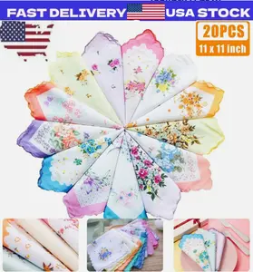 20PCS Women Vintage Floral Flowers Handkerchief 100% Cotton Square Hanky Ladies