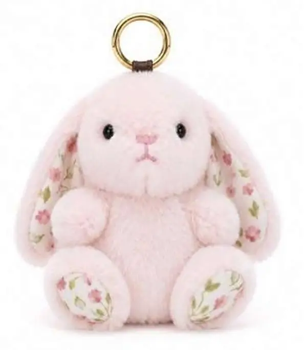 Plush Pink Bunny Bag Charm with Gold Keychain - Floral Ears Faux Fur Purse Accessory, Cute Handbag Pendant for Women & Girls