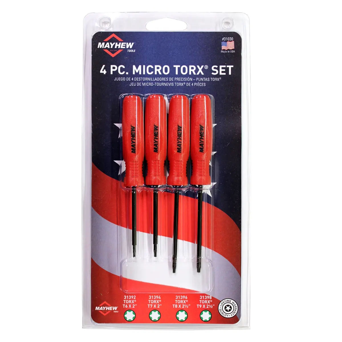 Mayhew 4-Piece Micro Torx Screwdriver Set - Tempered High Alloy Steel, 9 In., Custom Heat Treat, Nylon, 4.75 In., Durable Black Oxide Finish, Ergonomic Micro Handle, Precision Cut CNC Machined Tips, Miniature Hand Tool