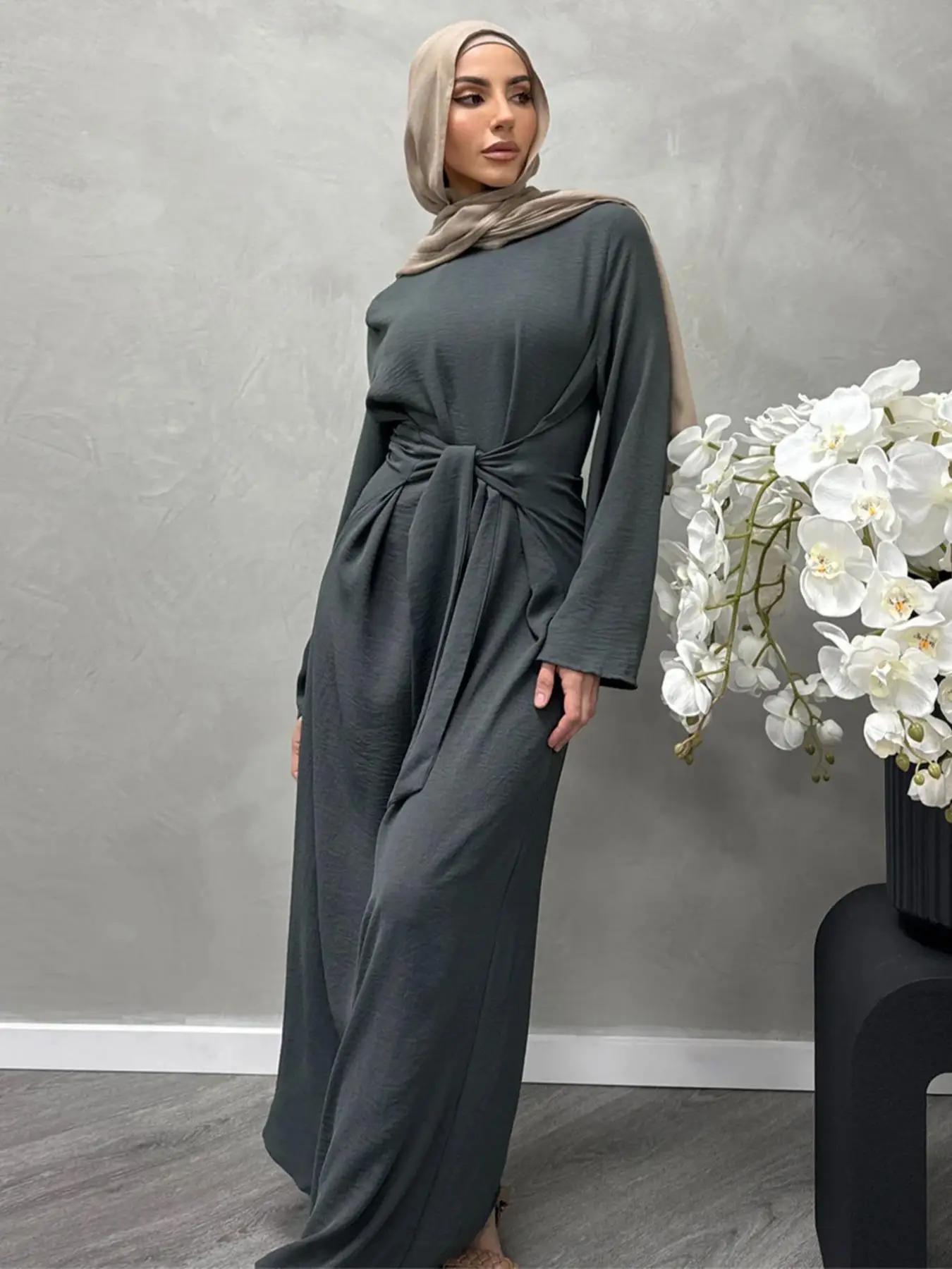 Women's Solid Color Knot Front Long Sleeve Dress, Modest Round Neck Long Dress for Daily Wear, Ladies Islamic Clothing for All Seasons