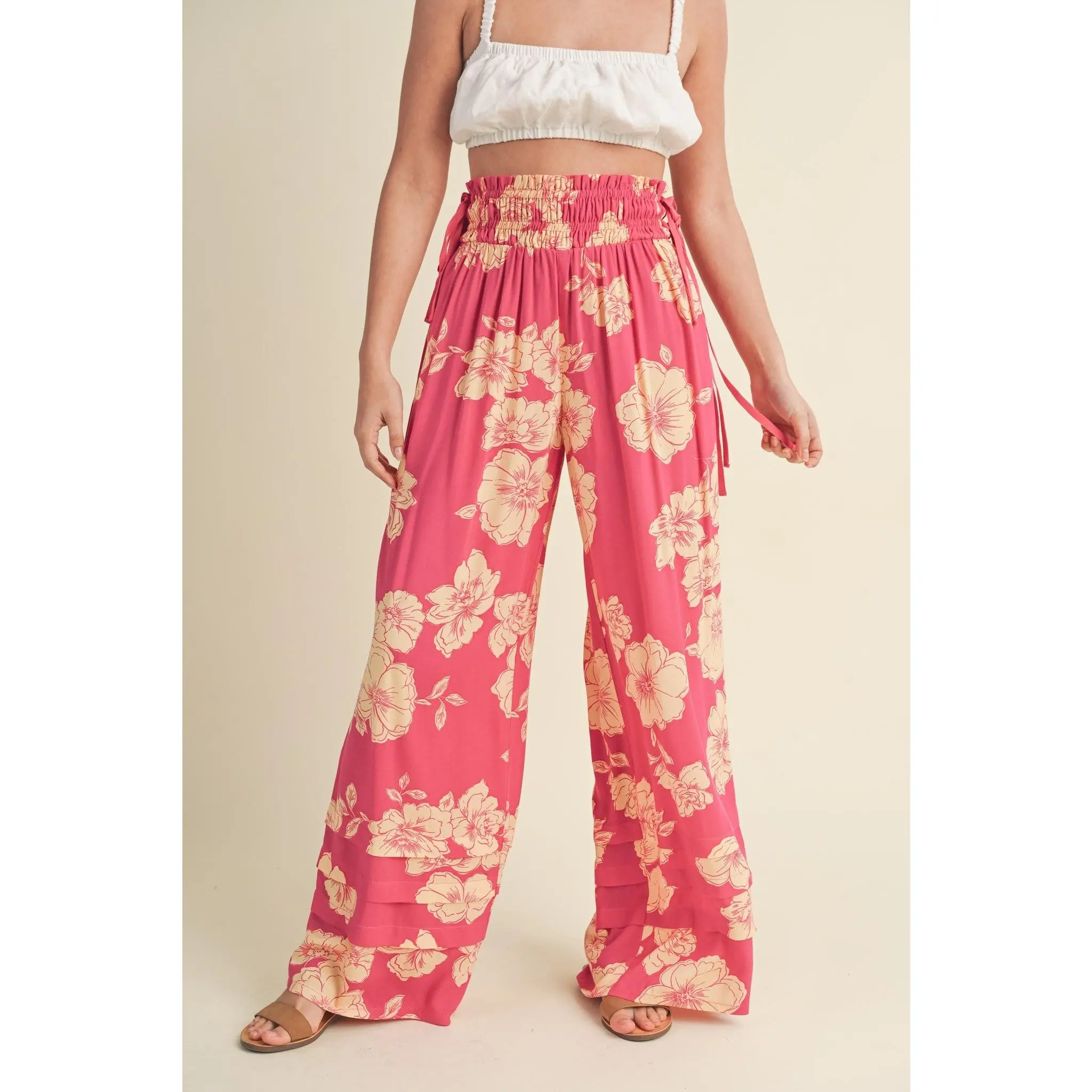 Wide Leg Floral Print Pants Magenta Peach
