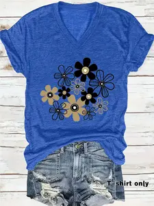 Women's Floral Print V Neck Short Sleeve Top, Casual Loose-Fitting Summer Sportswear, Comfortable Breathable Daily Wear S-Xxl