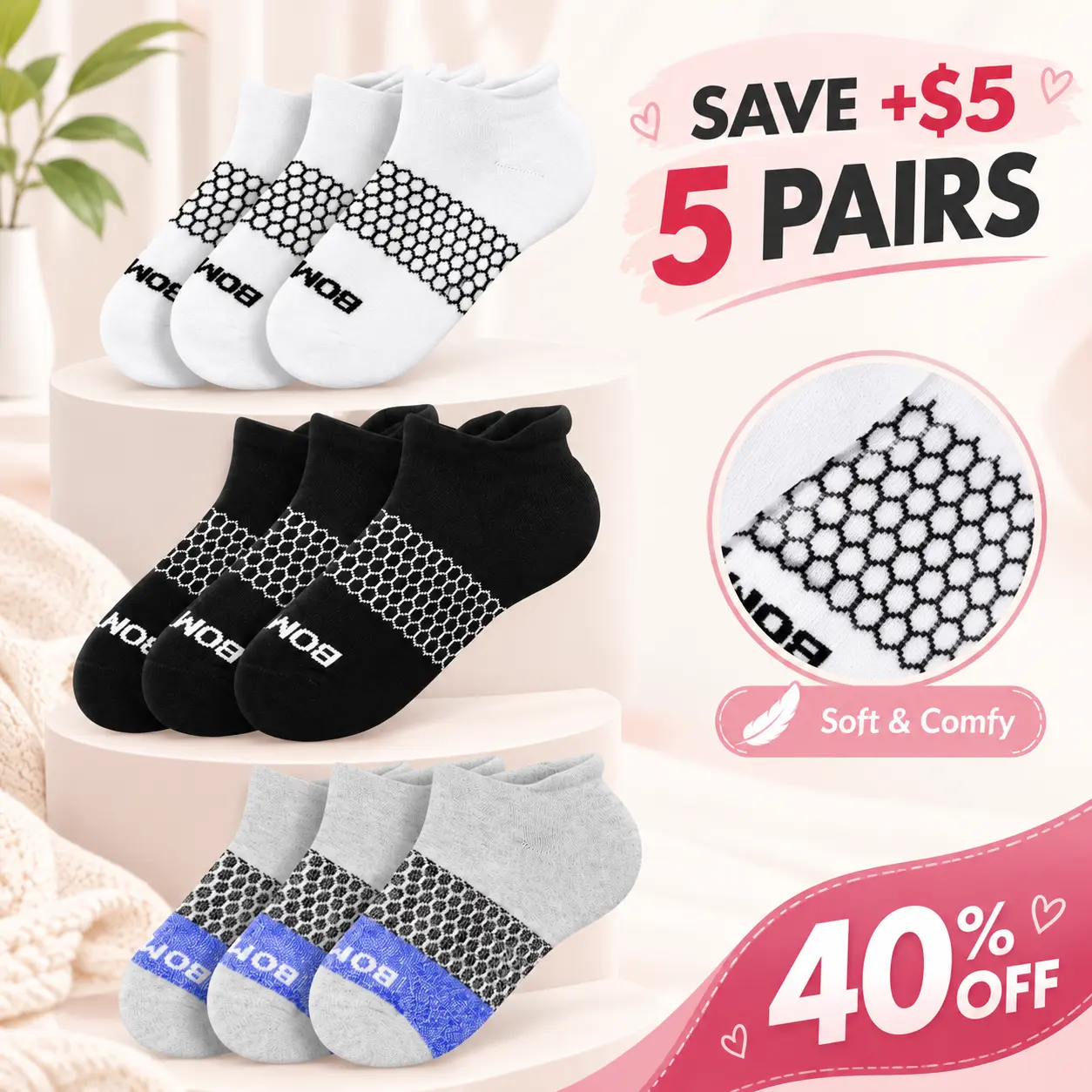Pack 1/3/5 Bombas Ankle Socks, Cushioned Footbed & Honeycomb Arch Support, Seamless Toe, Blister Tab, Soft Cotton Blend, Size S, M, L, Women's Men's Daily wear