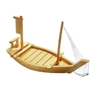 Thy Home 16x8 in Wooden Traditional Japanese Boat-Shape Sashimi Sushi Platter - Colorful Cheese Serving Tray with Net Detail, Kitchen Dish