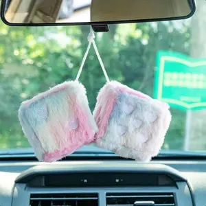 Pair 3” Colorful Heart Embroidered Fuzzy Plush Dice Soft Plush Car Decoration Hanging Ornaments for Rearview Mirror Vintage Couple Car Decor Accessories