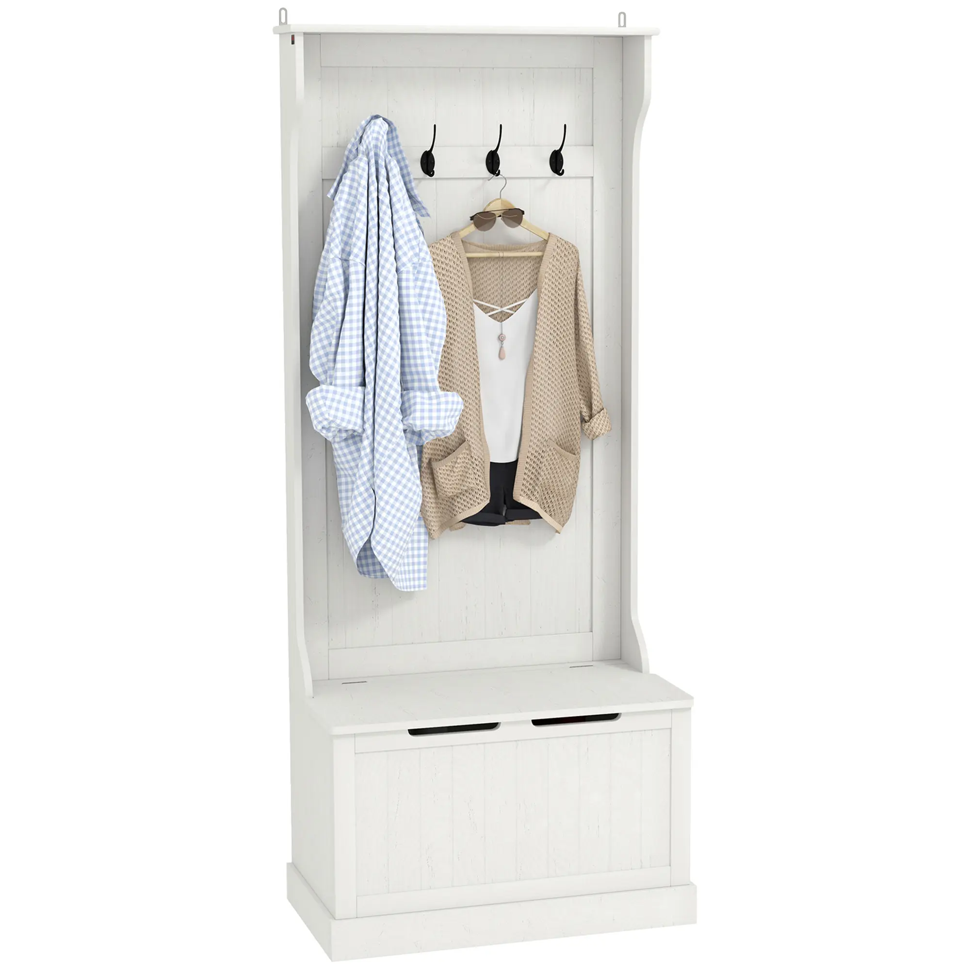 Entryway Hall Tree with Coat Rack and Sitting Bench, 4 Double Hooks Space-Saving Mudroom Storage Organizer 28.25”W x 15.5”D x 67”H Integrated Shoe Storage Sitting Bench Anti-Tipping Safe Structure All-in-One Household Furniture
