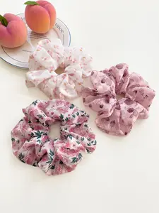 Elegant Floral & Cherry Print Puffy Scrunchies, Cute Hair Accessories for Women & Girls, Minimalist Headwear Suitable for Thick Hair