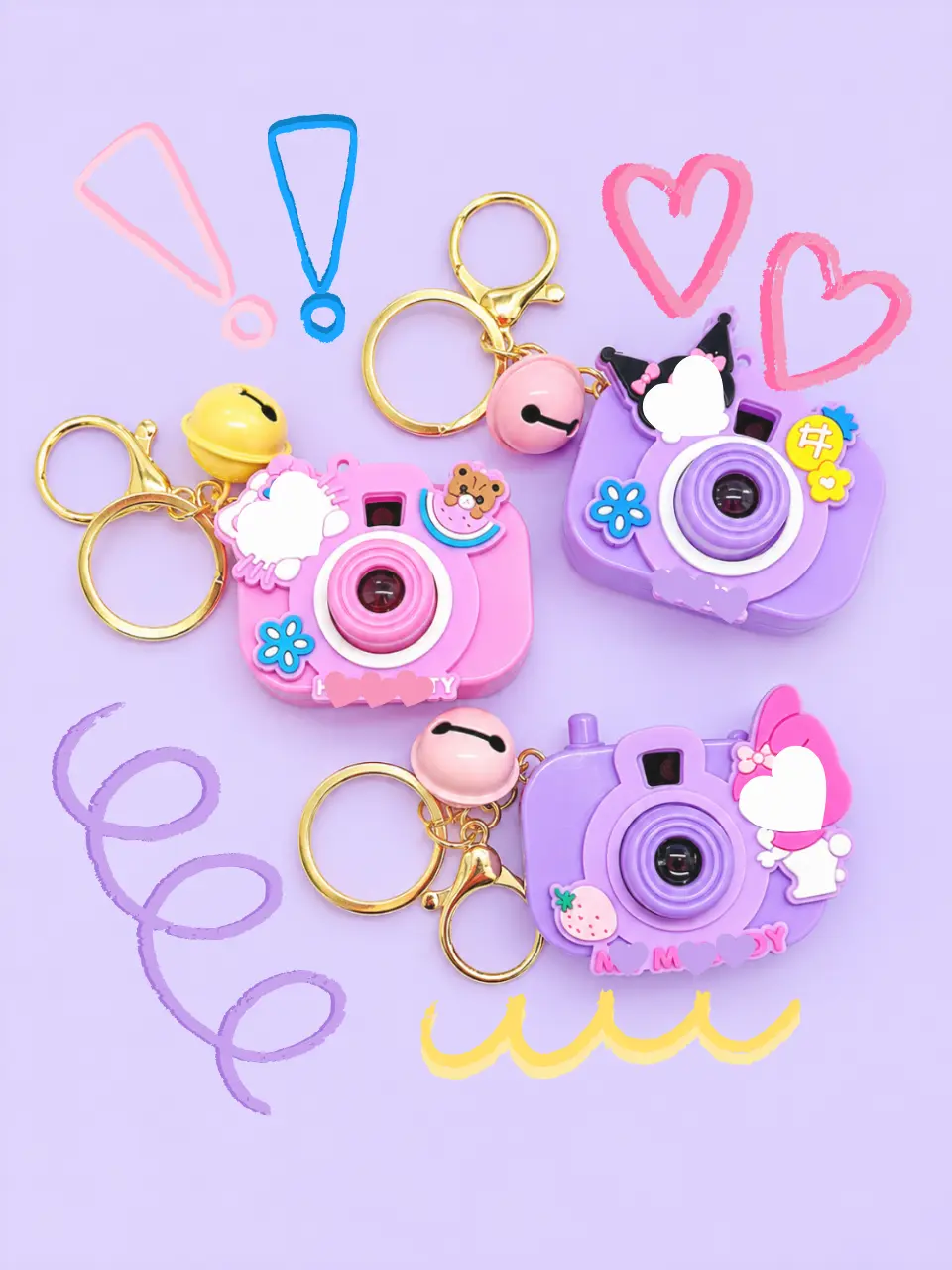 Interactive Mini Camera Keychain with Light & Sound Effect | Y2K Kawaii Pastel Purple Toy Camera Charm with Jingle Bell | Cute Aesthetic Backpack Keyring Accessory & Gift