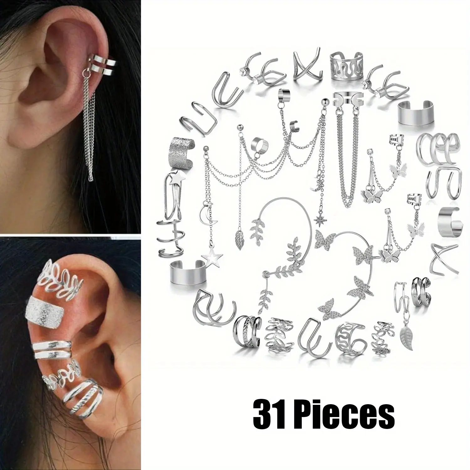 31Pcs Ear Cuff Helix Cartilage Ear Clip on Wrap Adjustable Fake Earring Cuffs for Women Men Non Piercing Ear Clip Fake Earrings Cartilage