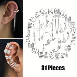 31Pcs Ear Cuff Helix Cartilage Ear Clip on Wrap Adjustable Fake Earring Cuffs for Women Men Non Piercing Ear Clip Fake Earrings Cartilage