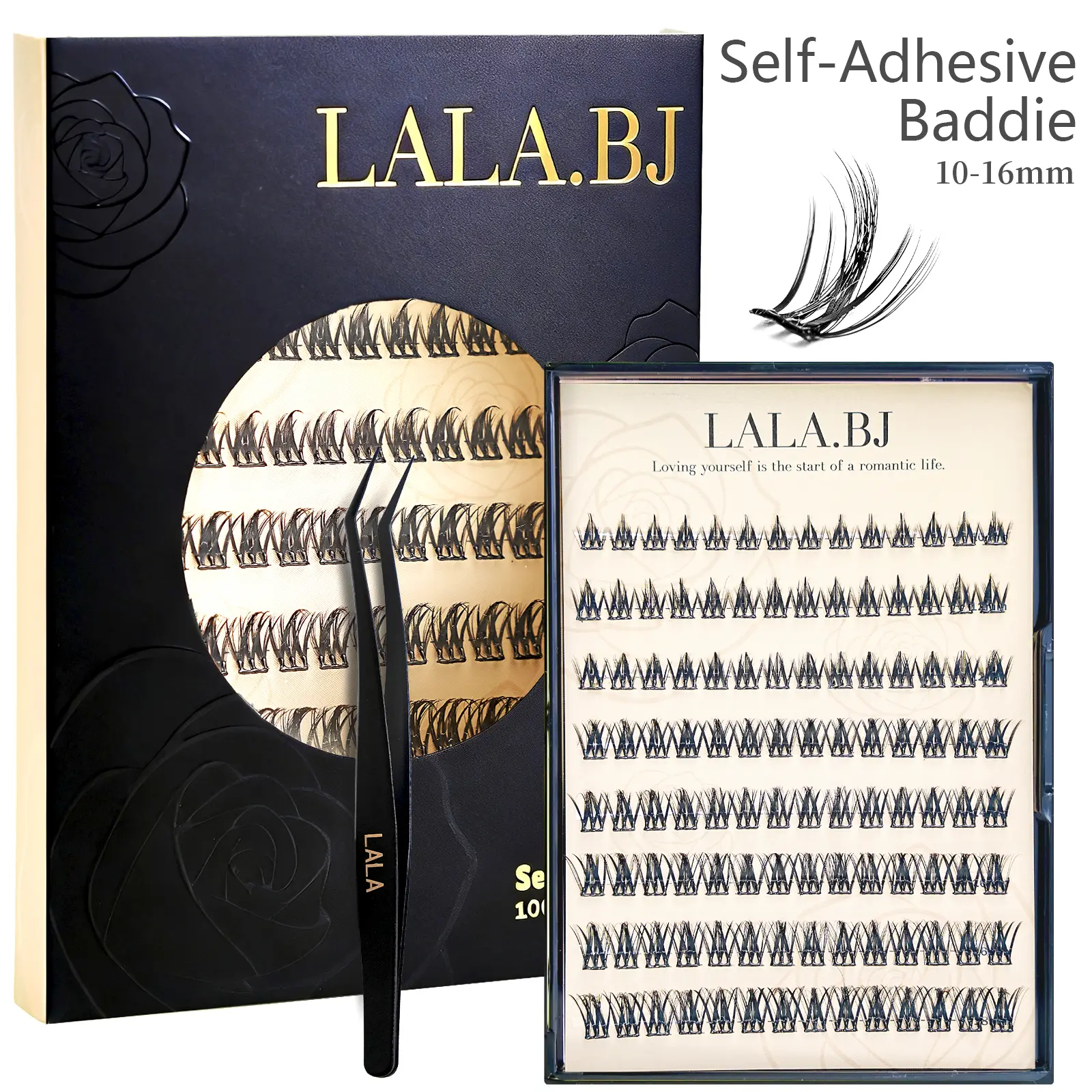 【Baddie】LALA Self-Adhesive DIY Cluster Lashes, 10-16mm Spiky D-Curly Pre-Glued with Curler, Oil-Resistant Eyelash Extensions, Reusable Synthetic Makeup Cosmetic for Natural Look, No Glue Needed, Easy Application, Built-In Storage